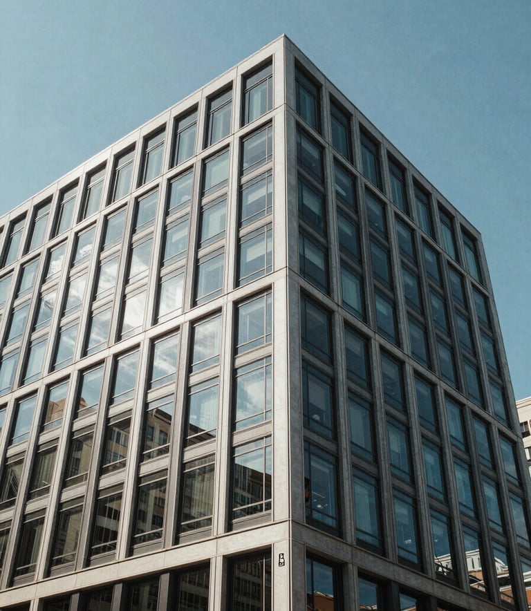 A minimalist, low-angle photograph of a modern commercial office building in a North American city, featuring clean glass windows and steel structures under a clear blue sky.