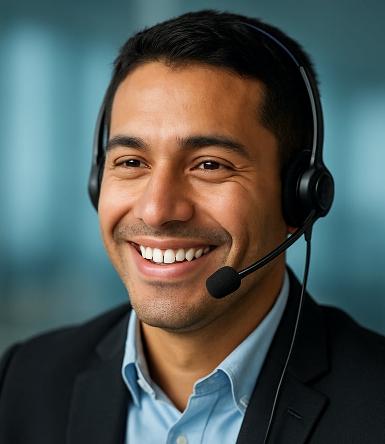 A close-up of a professional customer service agent wearing a modern headset, smiling warmly in a bright South American corporate setting. The background is softly blurred with tones of medium blue.