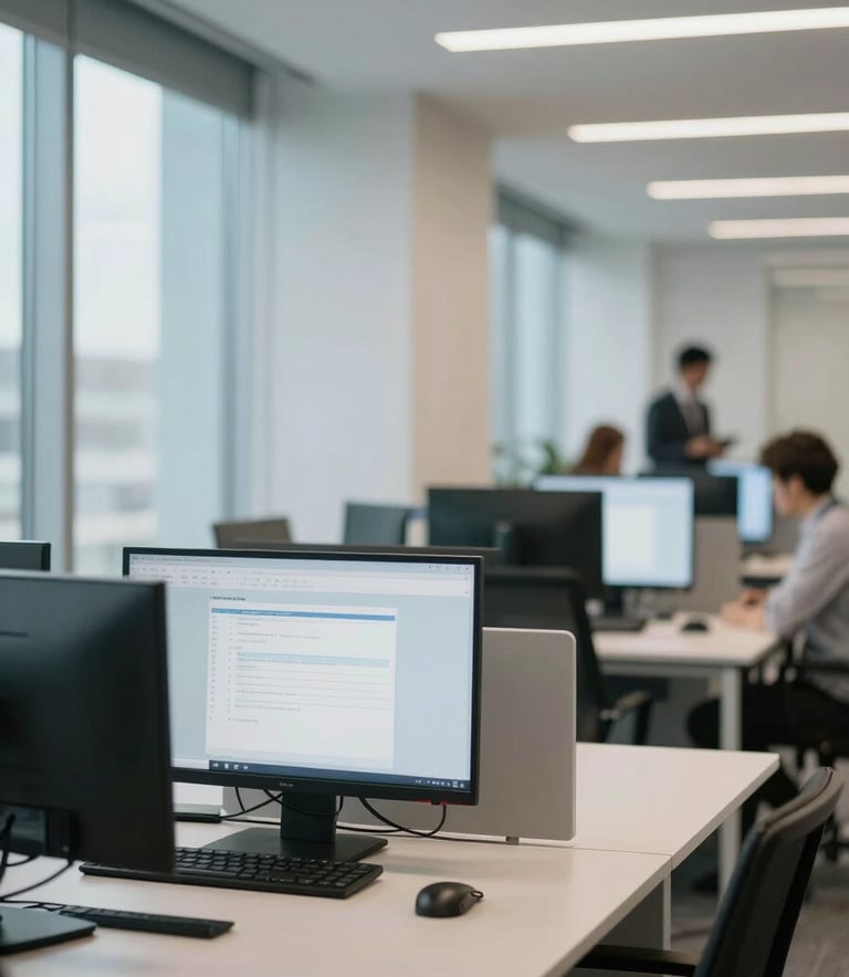 A high-end, modern South American corporate office interior. Soft light blue and off-white walls, professional workstation with a large monitor, blurred collaborative area in the background, bright and airy photography style.