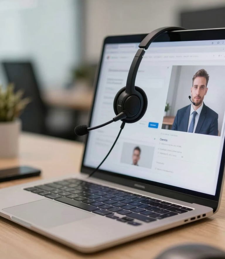 A professional desk setup in a Brazilian office featuring a high-end headset and a clean laptop display, reflecting a modern and efficient tele-attendant environment.