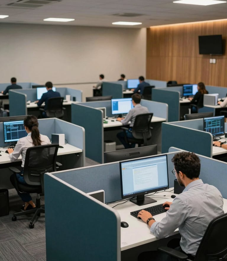 A wide shot of a modern, well-lit communication center in Brazil. Professional staff working at tidy desks with deep dark green-blue and light blue office partitions, sophisticated atmosphere.