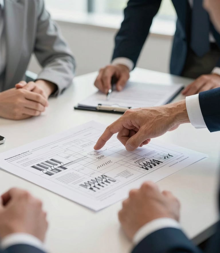 A close-up of a professional strategic meeting in a modern Western European office. A consultant's hand points to a detailed project plan on a table. The lighting is bright and professional, emphasizing shades of steel blue and off-white.