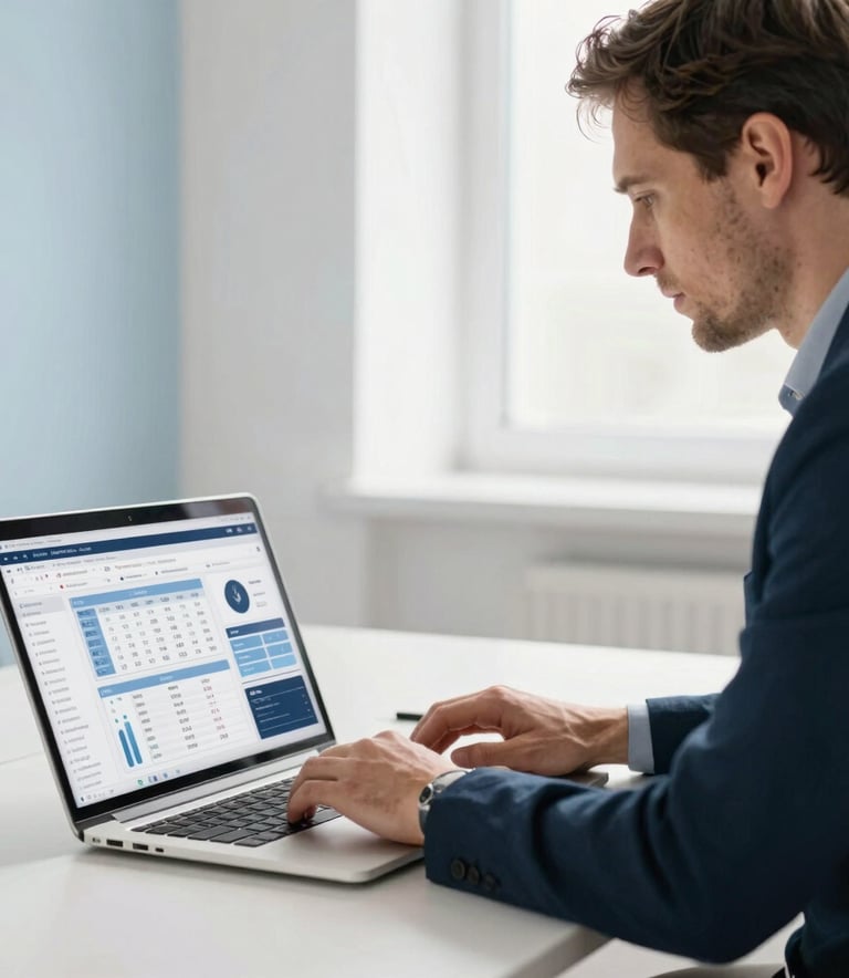 A focused Western European consultant working on a laptop in a bright, modern office. The screen shows a sophisticated project management dashboard. Soft blue shadows and clean white lighting dominate the scene.