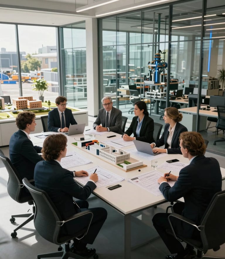 A high-angle professional photograph of a large-scale industrial project meeting in a modern Western European glass office. A clean workspace with blueprints and architectural models, illuminated by natural daylight and soft medium blue accent lighting.