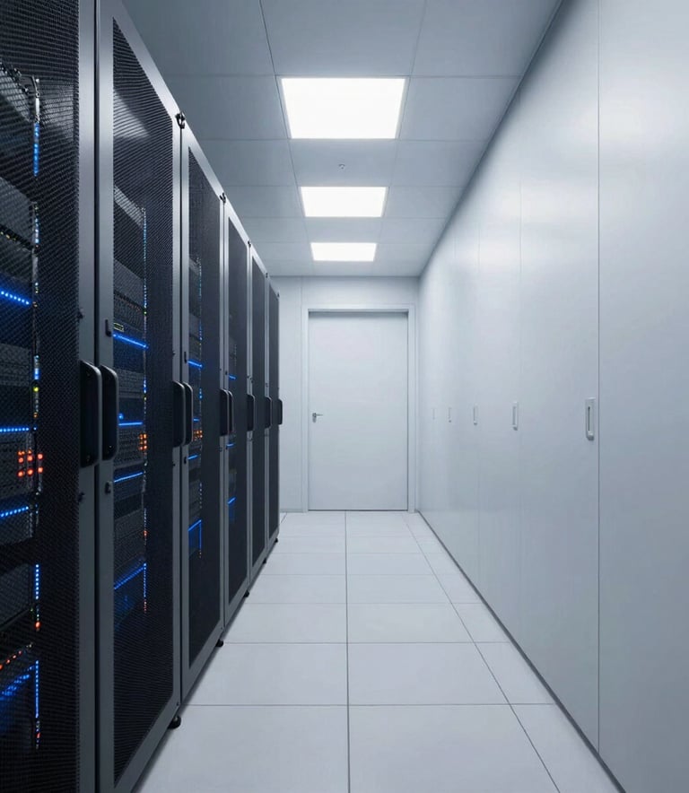Cinematic shot of a data center corridor with clean, minimalist aesthetics. The scene is lit with cool blue and off-white tones, representing technological innovation and reliable infrastructure.