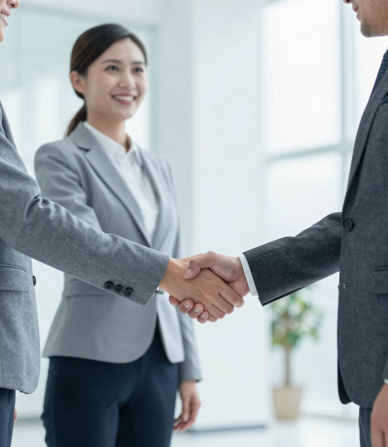 Two professionals in modern business attire shaking hands in a bright, minimalist lobby. The composition is clean and modern, using a color palette of #B0C4D4 and #1A2A3A to convey trust and partnership.
