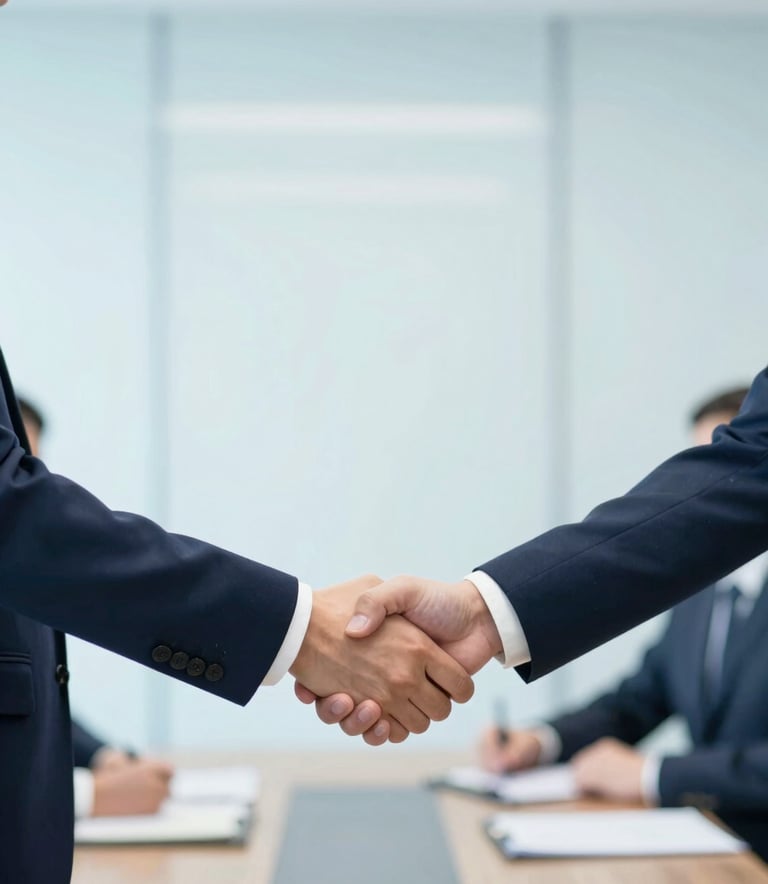 Two business professionals in formal attire shaking hands in a bright, modern meeting room. The composition is clean and centered, using #F5F8FA and #B0C4D4 tones to inspire trust and partnership.