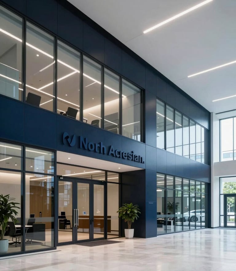 A wide-angle photograph of a modern North American corporate lobby. Clean architecture with glass walls and professional lighting. The color palette features dark navy and light blue, suggesting a high-tech, trusted platform for enterprise communications.