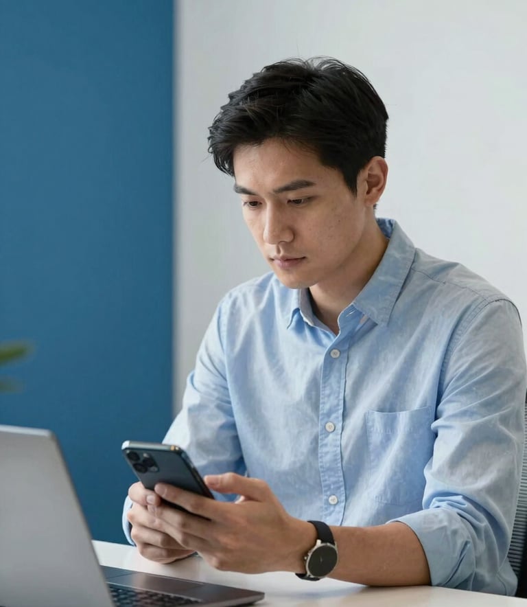 A North American professional in a modern workspace using a smartphone, looking focused and calm, surrounded by a minimalist blue and white setting.