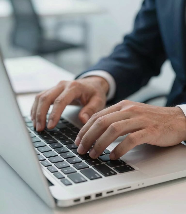 Close-up of a professional in a modern North American office typing on a laptop, with a focus on their hands, bright and clean composition with light blue accents.