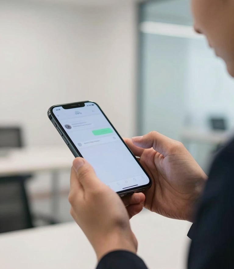 A close-up photograph of a professional in a North American business setting checking a sleek smartphone. The screen displays a subtle notification glow. The background is a bright, airy office with off-white walls and light blue accents, conveying efficiency and reliability.
