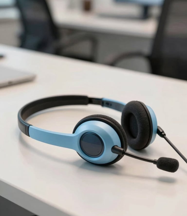 Close up of professional tele-attendance equipment, a sleek modern headset resting on a clean desk in a blurred Brazilian office interior, light blue and off-white tones.