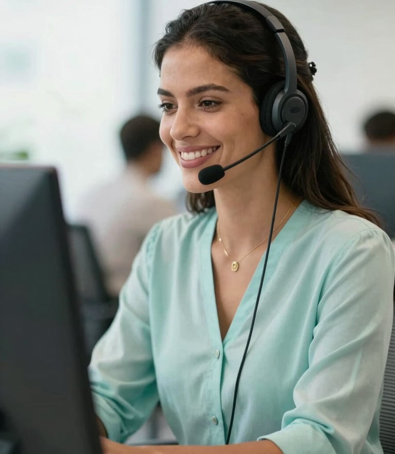 A professional South American woman wearing a modern communication headset, smiling warmly while working in a bright office space in Brazil. The composition is a medium shot with a shallow depth of field, featuring soft natural light and a color scheme of pale cyan and off-white.