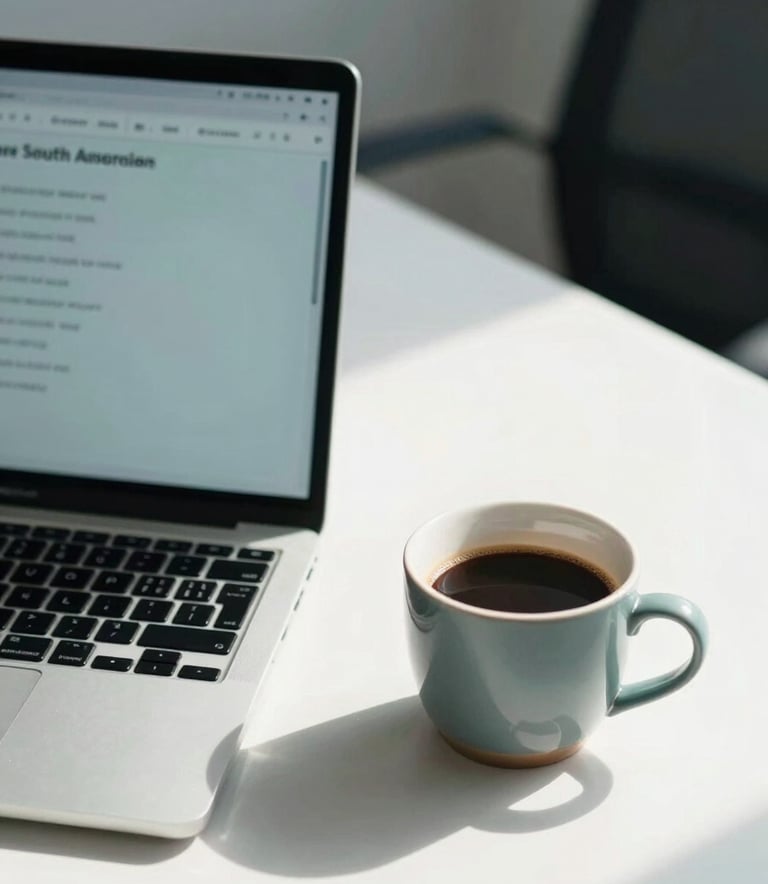 A close-up photograph of a clean, modern workstation in a South American corporate office. A professional laptop is open, and a ceramic cup of coffee sits nearby on a white surface. The lighting is bright and reassuring, with soft shadows and a palette featuring muted teal and dark blue accents.