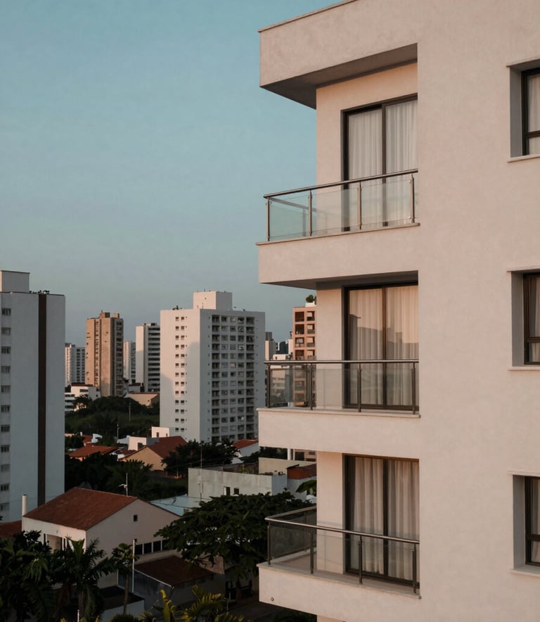 A serene view of a modern South American Brazilian residential apartment balcony overlooking a peaceful city skyline at dusk, capturing the essence of 'residence' with soft teal and off-white lighting.