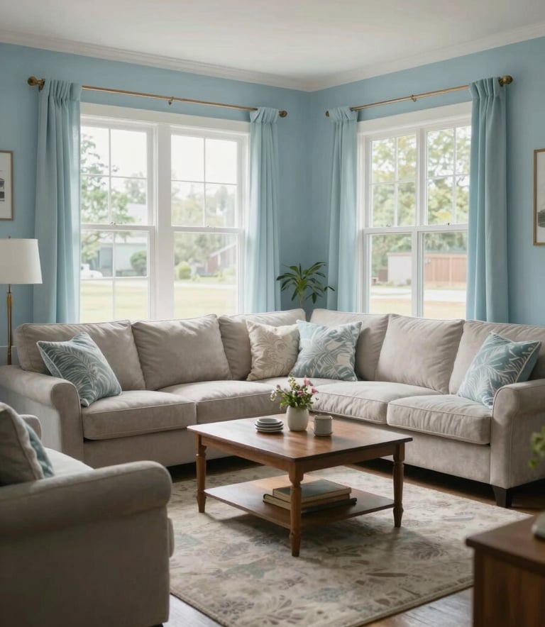 A wide shot of a peaceful and safe North American / US residential living room with soft pale blue decor and large windows letting in bright natural light, conveying peace of mind.