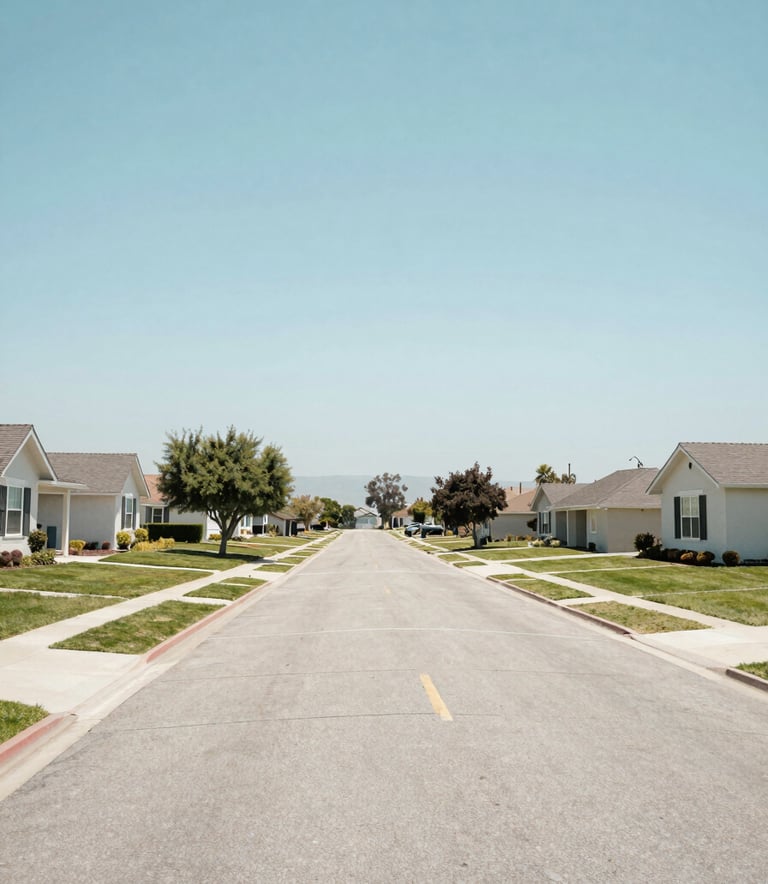 A wide-angle landscape photography shot of a quiet and clean North American / US suburban street in Lemoore, California. The atmosphere is peaceful and bright under a clear sky, featuring homes with manicured lawns. The color palette incorporates soft sky blue and off-white, reflecting a sense of safety and professional care.