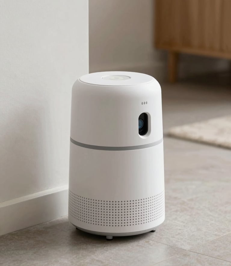 A sleek, frost white pest monitoring device placed on a clean floor near a baseboard in a contemporary North American / US home.