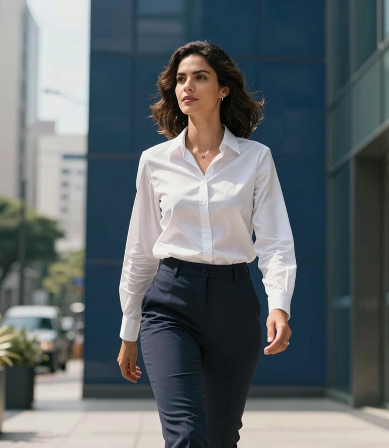 A South American professional woman in a crisp white shirt walking confidently through a modern, sunlit corporate lobby in a Brazilian city, shallow depth of field, sophisticated and empowering atmosphere, with hints of dark blue and medium blue in the architecture.