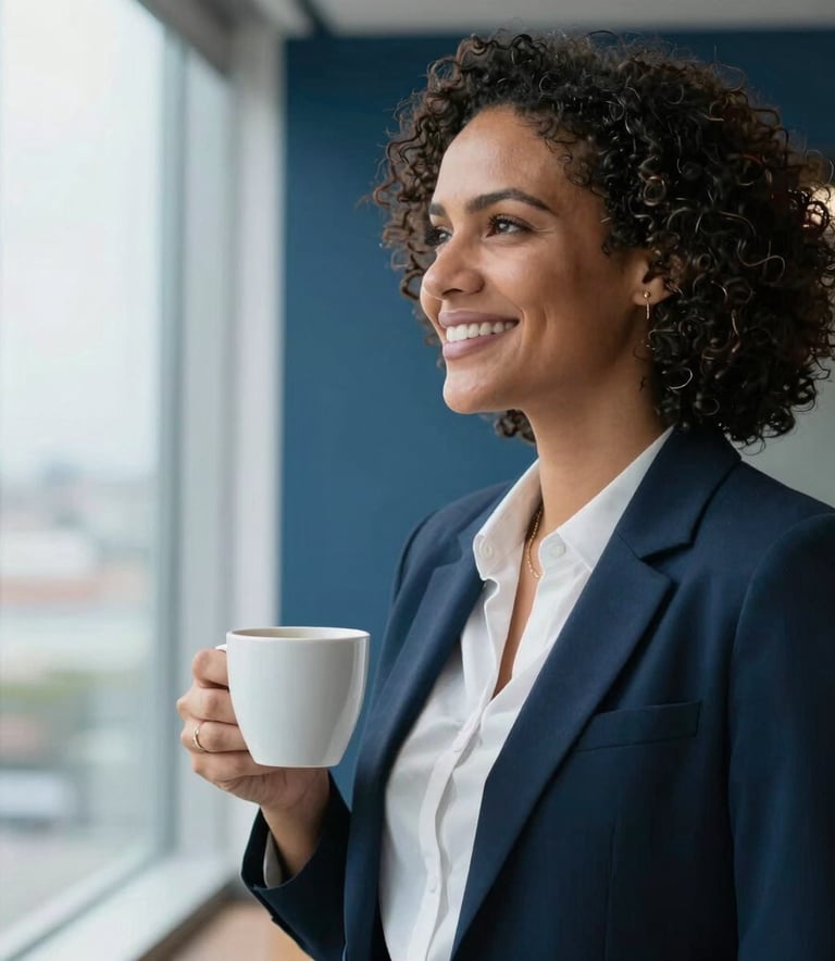 A portrait of a smiling Brazilian professional in a modern office, holding a coffee cup, looking towards a bright window with a look of hope and confidence, dark blue and light blue background tones.