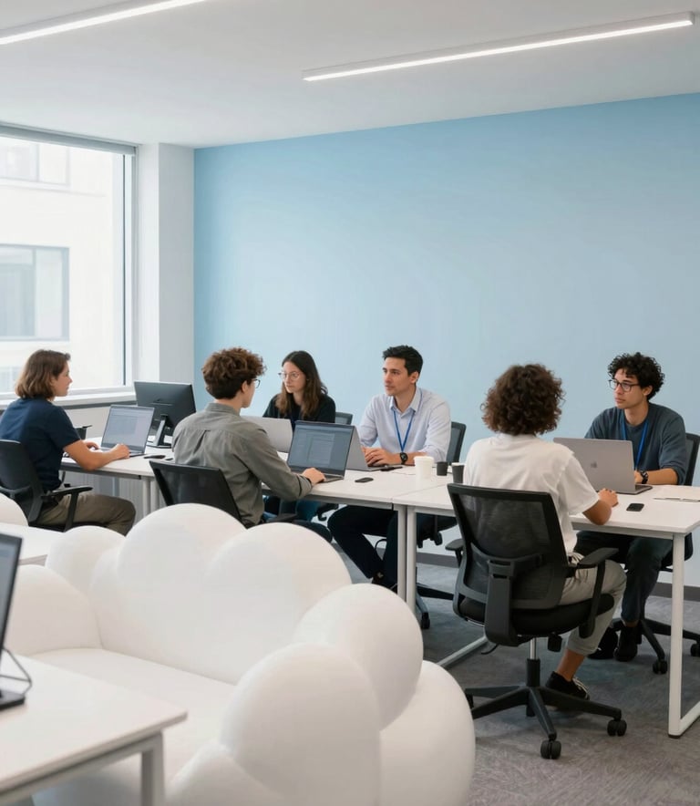 A collaborative team of diverse developers in a bright North American / US co-working space, featuring minimalist Cloud White furniture and Pale Sky Blue accents.