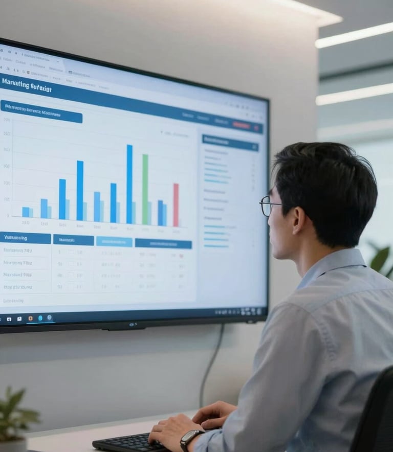 A focused marketing strategist in a modern North American / US office looking at a large wall-mounted screen displaying digital metrics, room illuminated with soft Steel Blue and Cloud White light.