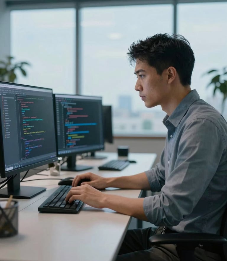 A focused professional at a sleek desk in a modern North American / US tech office, working on complex software code. The scene is lit with cool, natural light, emphasizing a professional atmosphere with steel blue and pale sky blue office accents.