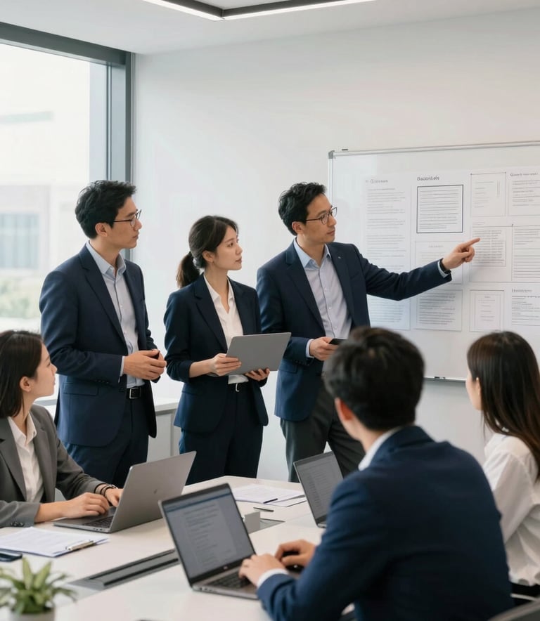 A collaborative team meeting in a bright, high-ceiling North American / US corporate office. Professionals are standing around a table with laptops, looking at a wall with strategy notes. The color palette includes dark navy blue and cloud white.