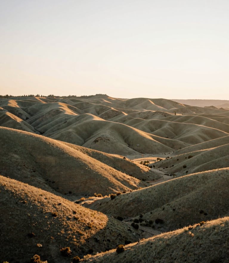 A wide-angle landscape shot of the high desert terrain near Redmond, Oregon, during the golden hour. The scene features distant sage green hills and a soft off-white sky, capturing the natural serenity of a North American / US Pacific Northwest evening.