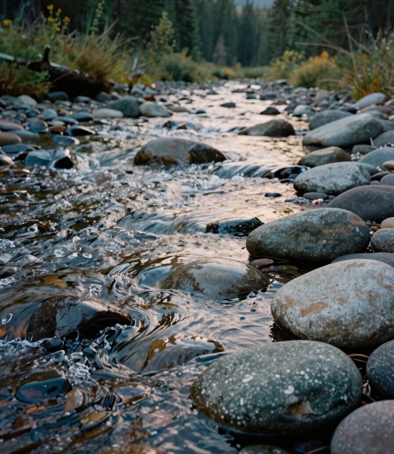 A close-up of smooth river stones in a clear running stream near Redmond, Oregon, reflecting the afternoon light, captured in a serene North American / US landscape setting with pine green and muted sage tones.
