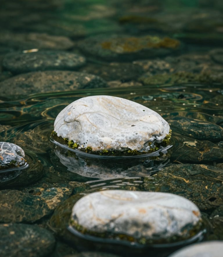 A close-up, serene photograph of smooth river stones submerged in clear, gentle water, reflecting a soft moss green light. The composition is calm and professional, set in a North American / US natural park area, using a palette of dark forest green and creamy off-white.