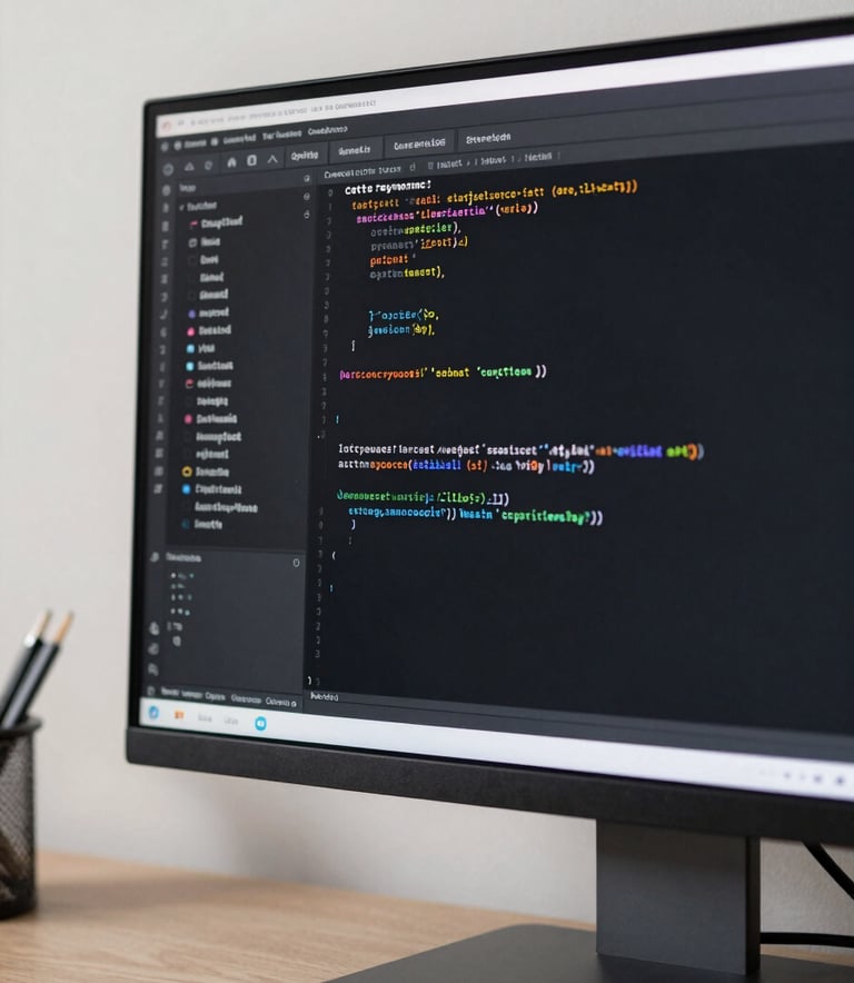 A close-up of a high-resolution computer monitor displaying clean lines of programming code in a dark mode editor, situated in a brightly lit office with soft off-white walls.