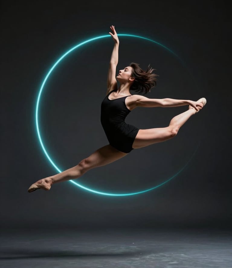 Professional dancer captured in a high-speed leap inside a sleek, minimalist dark studio. Soft electric cyan light trails emphasize the trajectory of movement. North American / International context, high-end performance aesthetic.