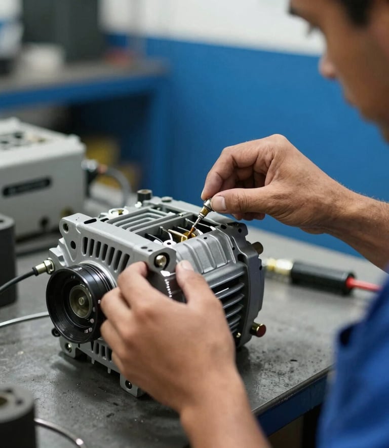 A technician's hands repairing a car alternator on a professional workbench in a South American / Brazilian auto shop. Natural light, professional setting, with medium blue accents in the background.