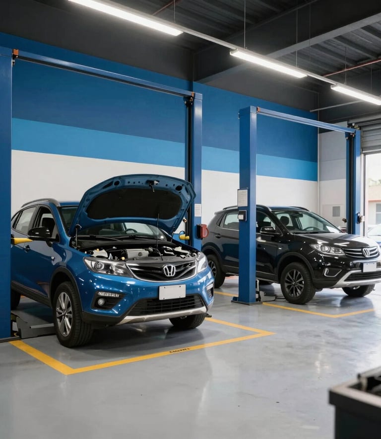 Professional wide shot of a modern Brazilian auto electric repair shop. The floor is clean, the lighting is bright, and the interior is decorated with shades of medium blue and sky blue.