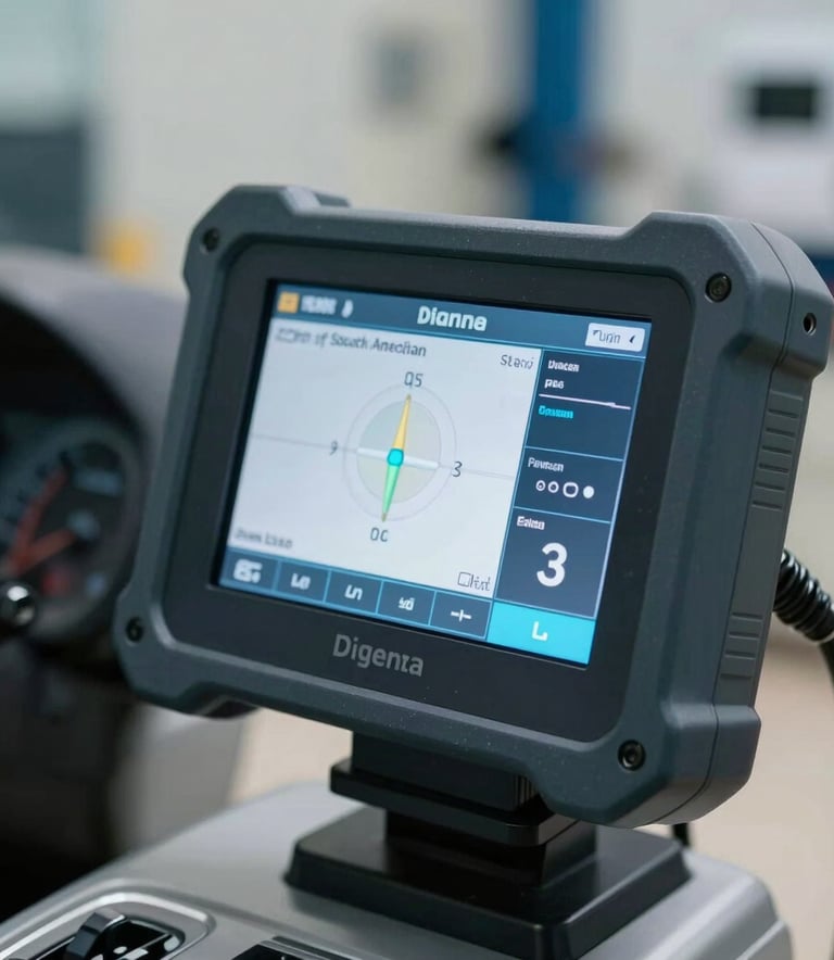 Close-up of a high-tech car dashboard diagnostics tool in a South American / Brazilian service center. Muted blue and white lighting, shallow depth of field on the electronic display.