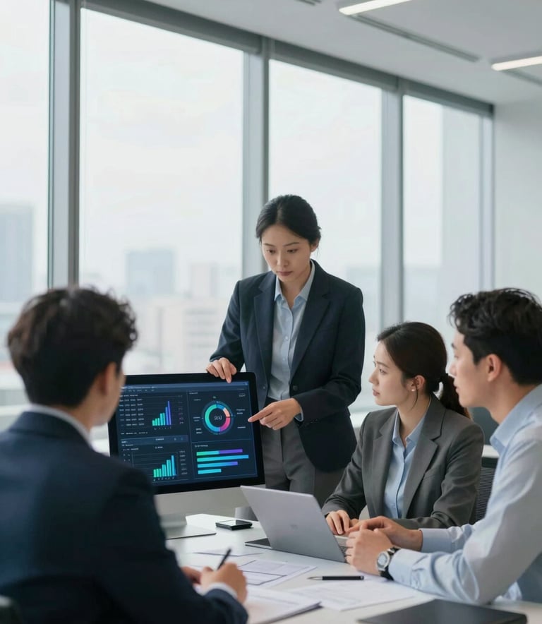 Professional team of consultants reviewing digital energy charts in a modern office with floor-to-ceiling windows, professional and innovative atmosphere.