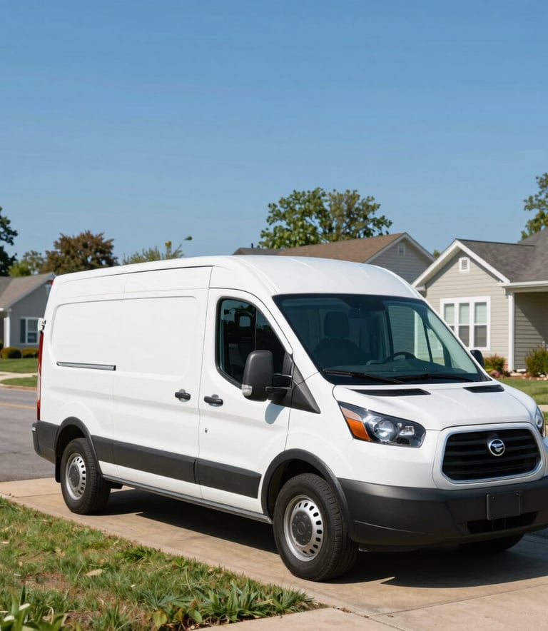 A clean service van parked in a sunny North American suburban driveway in West Chester, Ohio. The background shows a well-maintained residential street under a clear blue sky.