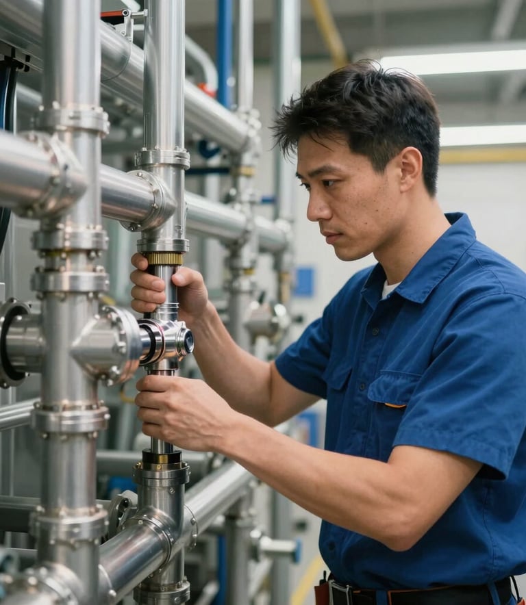 A focused plumber in a professional uniform installing heavy-duty commercial piping in a modern mechanical room, bright industrial lighting, North American / US commercial setting, clean and professional atmosphere.