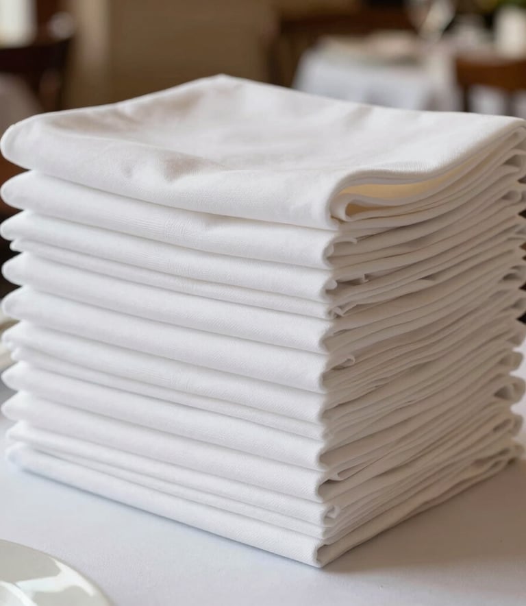 A stack of freshly laundered, crisp white napkins and tablecloths inside a bright, elegant Southern European restaurant setting.