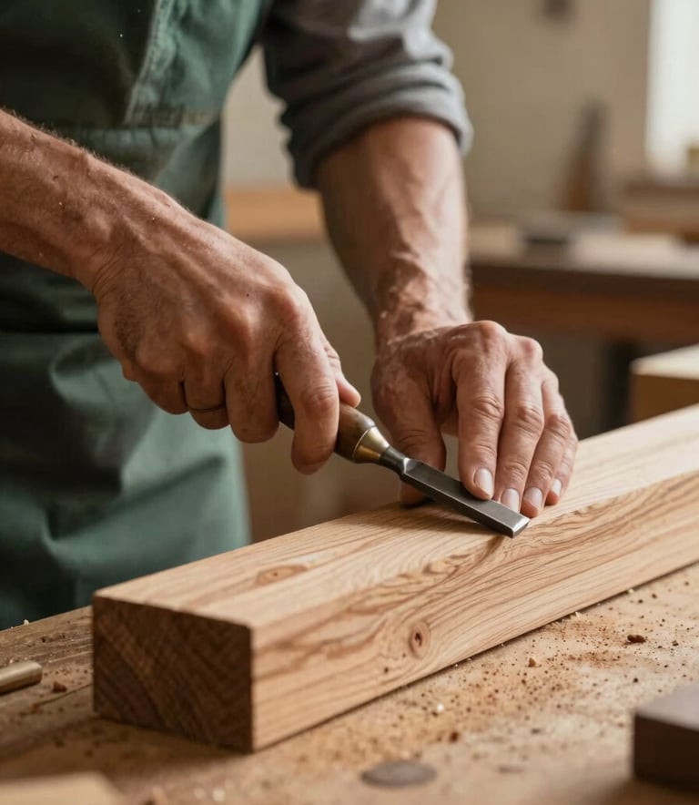 A detailed close-up of a woodworker's hands using a chisel on a reclaimed oak beam. The scene is set in a cozy workshop in Itatiba, with warm lighting hitting the wood grains. Touches of #3D5C4B green are visible in the artisan's apron against the #F5F5EC walls.