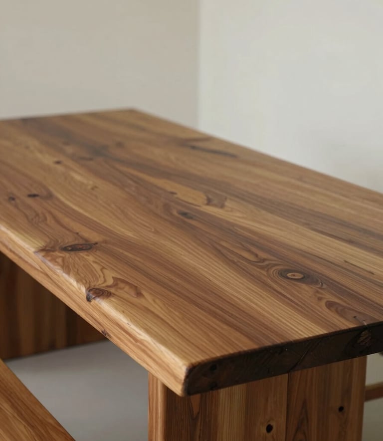 Mesa em madeira maciça mostrando a elegância dos veios naturais e do acabamento acetinado