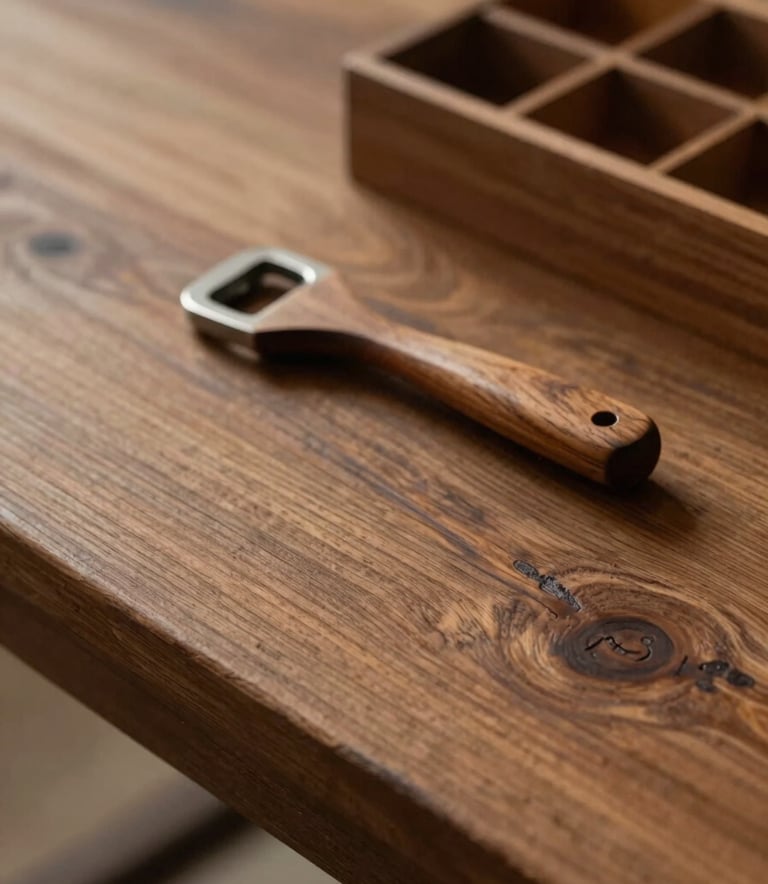 A close-up high-detail shot of a finished reclaimed wood table surface, showing rich grain and textures. Nearby, a handcrafted wooden bottle opener and a small organizer box sit elegantly. Lighting is warm and sophisticated, highlighting the #9E3A3A tones in the wood.