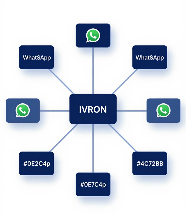 A minimalist and sophisticated visualization of a communication workflow. Stylized nodes representing multiple WhatsApp numbers and team members connecting to a central IVRON hub. The aesthetic is clean and professional, utilizing a palette of #0E2C4F and #4C72B0 on a #F5F7FA background, emphasizing efficiency and automation.