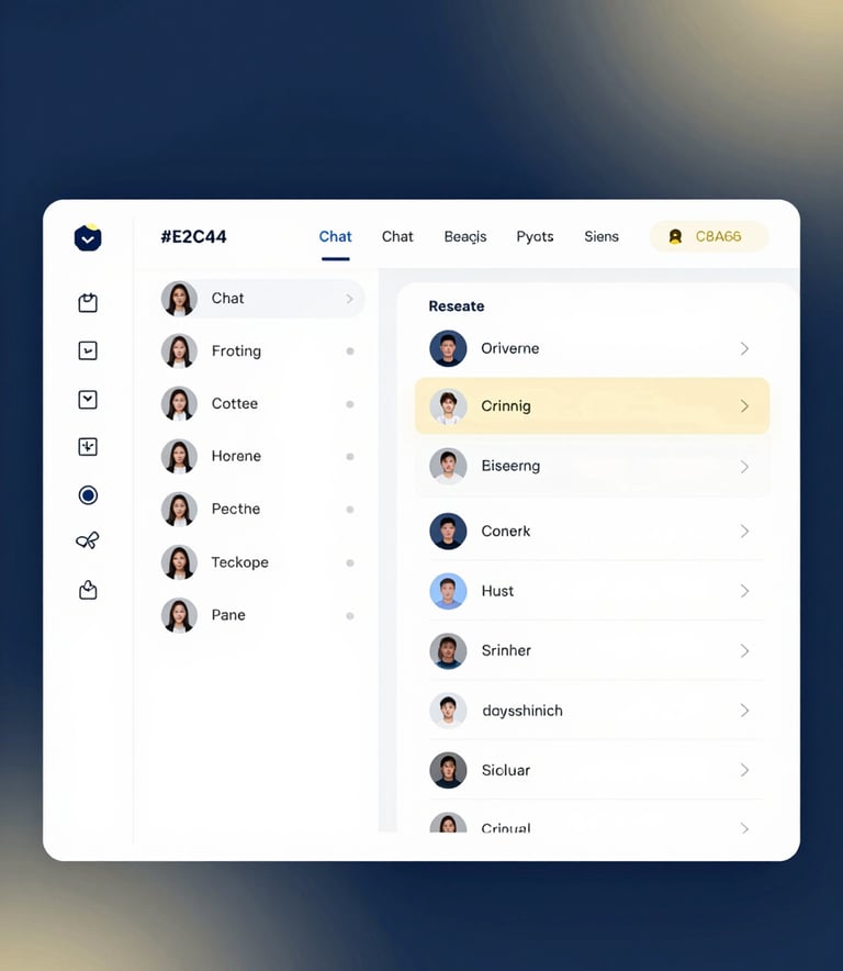 A premium, clean interface mockup of the IVRON dashboard. It shows organized chat lists with labels, team assignment icons, and a minimalist sidebar. The lighting is bright and modern, focusing on the UI's clarity and sophistication, featuring the brand's signature #0E2C4F and #C8AA6A highlights.