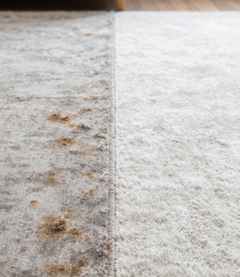 A detailed side-by-side comparison of a carpet. The left half is stained and worn; the right half is bright, fresh, and professionally steam cleaned. The image is clean and high-contrast, incorporating a professional mood and brand colors #EDF5F5 and #3A6B6C.
