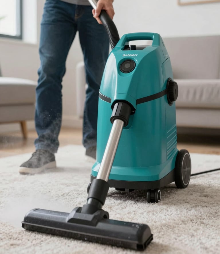 A close-up shot of professional-grade steam cleaning equipment in action on a plush carpet, highlighting the extraction process. The scene is bright and clean, incorporating the brand's teal colors (#3A6B6C and #82B2B3) through the equipment's detailing and the surrounding modern Melbourne interior. The lighting is crisp and professional.