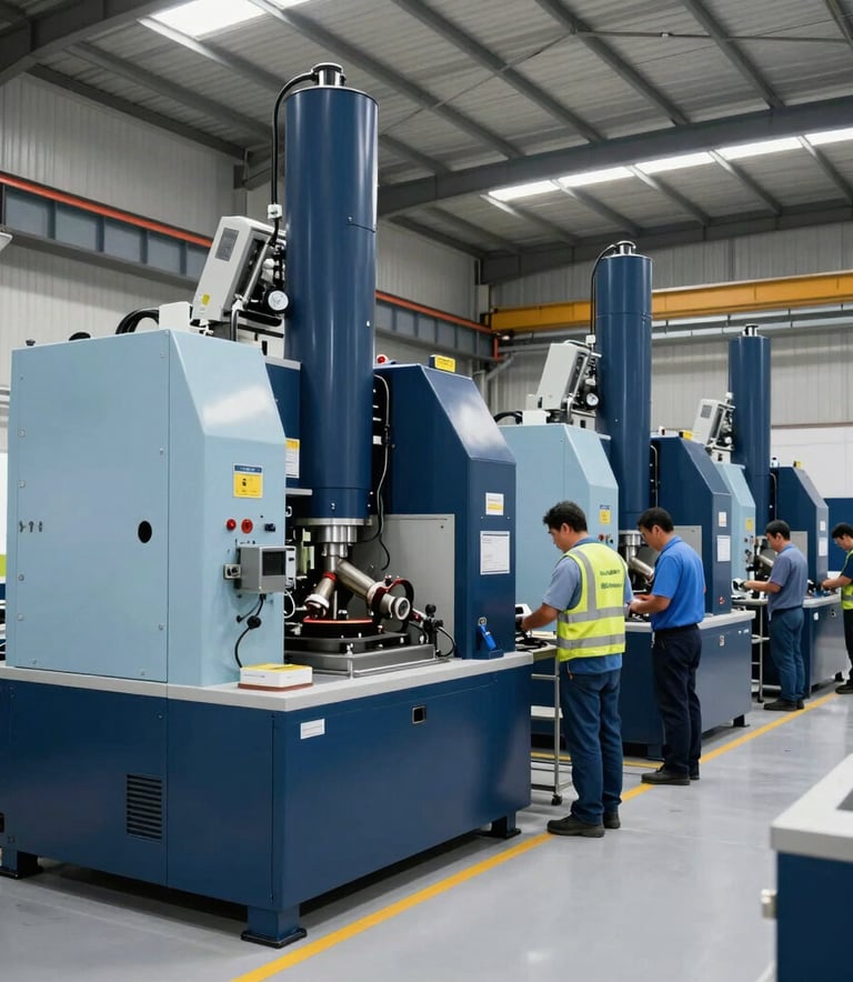 A wide shot of a modern and clean industrial facility in Brazil, featuring high-end machinery and technicians working in an organized environment, navy blue and light blue color palette.