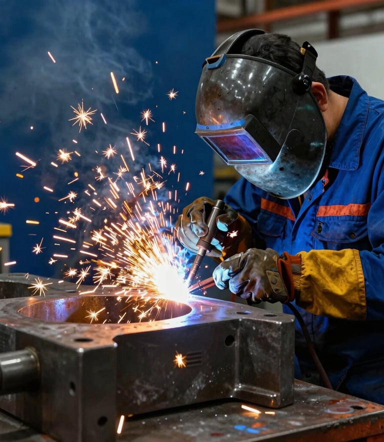 Detailed photography of a professional welder working on a complex industrial steel component, golden sparks flying against a steel blue and navy background, professional South American industrial setting, focused lighting.