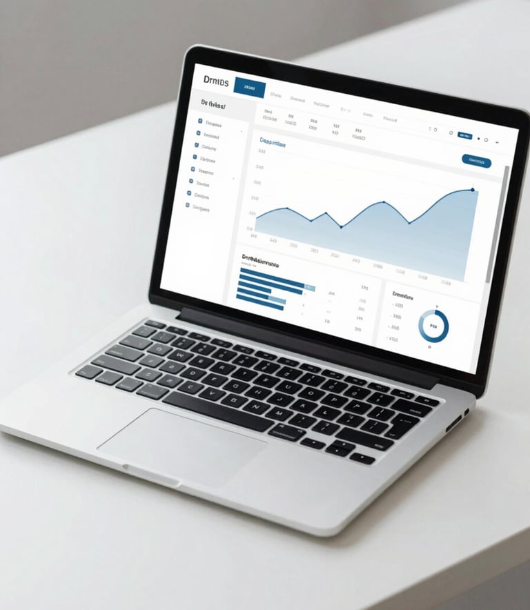 A close-up, high-angle shot of a minimalist workstation featuring a clean laptop screen displaying professional financial dashboards and charts. The lighting is bright and clear, incorporating corporate tones of #1A2C3F and #B0C5CD. The style is sharp and modern, emphasizing precision and trust.